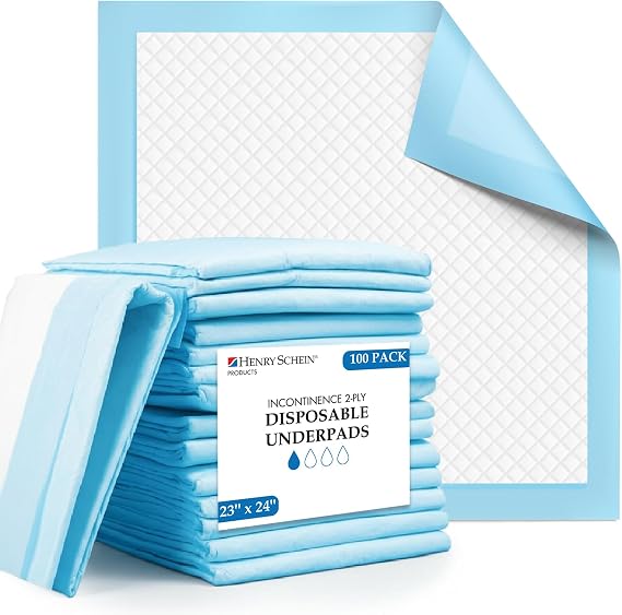 Henry Schein Disposable Underpad, 23" x 24", Light Absorbency, 100 Ct | 100 Underpads, 2-Ply, Latex Free, Ideal for Patient Care, Light Incontinence, Diaper Changes, Surface and Bed Protection