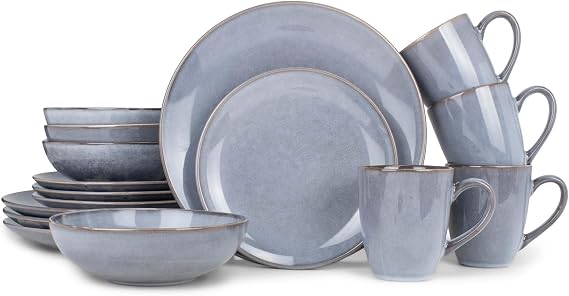 Elanze Designs Reactive Glaze Stone Ceramic Plates Bowls Mugs Classic Dinnerware 16 Piece Set - Service for 4, Grey