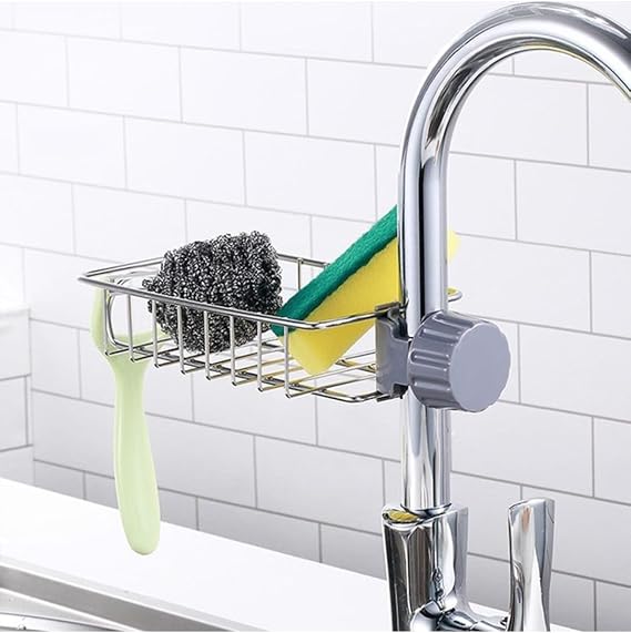 Sponge Holder for Kitchen Sink, Adjustable Detachable Sponge Holder Over Faucet, Stainless Steel Faucet Rack for Kitchen, Sink Caddy Sponge Holder, Kitchen Sink Organizer (Pack of - (1)