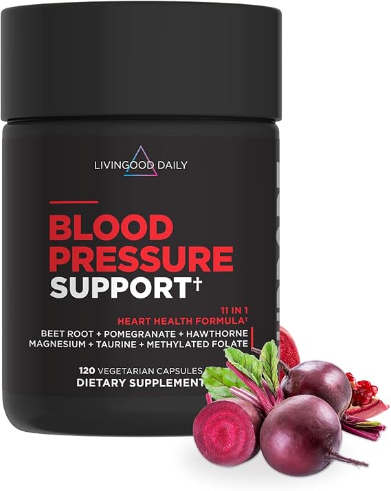 Livingood Daily Blood Pressure Support, Heart Health Supplement, 120 Caps | 11-in-1 Blood Circulation Supplements, Beet Root, Hawthorn, Pomegranate, Magnesium, Taurine, Folate, Vegan, Made in USA