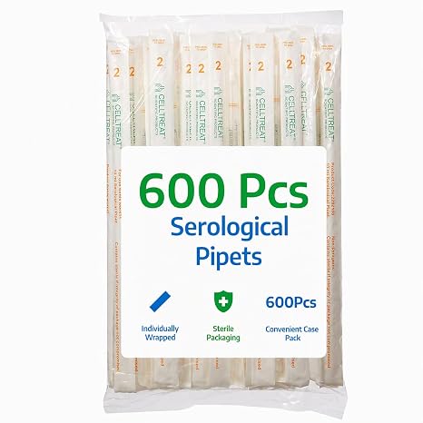 Celltreat 229202B Serological Pipet, 2mL Capacity, Sterile, Individually Wrapped/Bag (Case of 600), Green