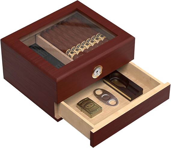 Cigar Humidor Box, Cigar Humidor Glass Top Cigar Case Humidifiers, Humidor Box Cigar Cases for Men Cigar Gifts Desktop Humidors Cigars 20 Counts