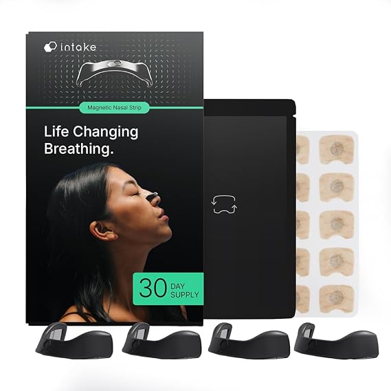Intake Breathing Magnetic Nasal Strips Starter Kit | Reusable Band + Tabs | Nasal Strips for Sleep, Snoring, Breathing & Sports | Stronger Lift Than Traditional Nose Strips | 4 Sizes, 30 Tabs, Black