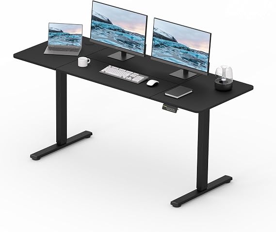 160x60cm Electric Standing Desk, Height Adjustable Standing Desk with Headphone Hooks, Stand Up Desk Home Office Desk with Memory Function and Child Lock (Black Frame+ Black Desktop)