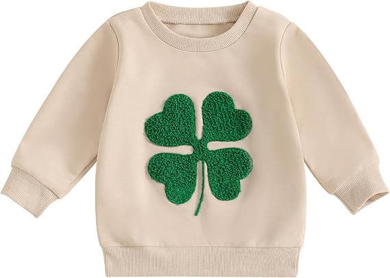 Toddler Baby Boy Girl St Patrick's Day Outfit Fuzzy Clover Embroidery Crewneck Sweatshirt Long Sleeve Pullover Top