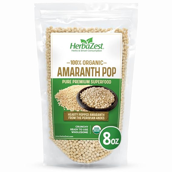 HerbaZest Organic Amaranth Pop 8 oz Bag Nutritious Ancient Grain Ready to Eat Superfood USDA Certified, Gluten-Free, Vegan & Non-GMO Versatile for Yogurt, Cereal, Granola & Snacks