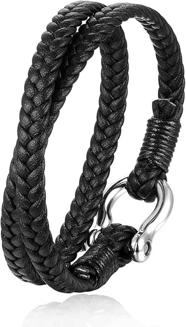 Two-lap Black Braided Leather Screw Anchor Shackle Bangle Bracelet Stainless Steel Mens Cool Unique