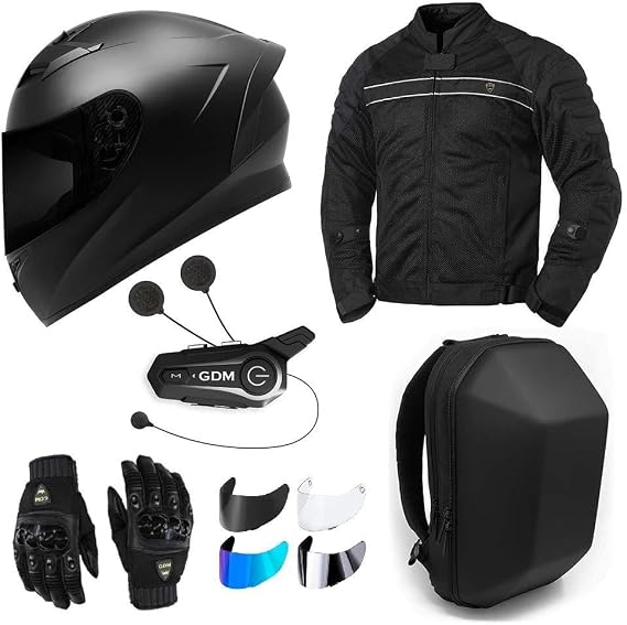 GDM Motorcycle Protective Gear Bundle (Premium Connect) - Helmet, Jacket, Gloves, Shields, Backpack, Bluetooth Intercom