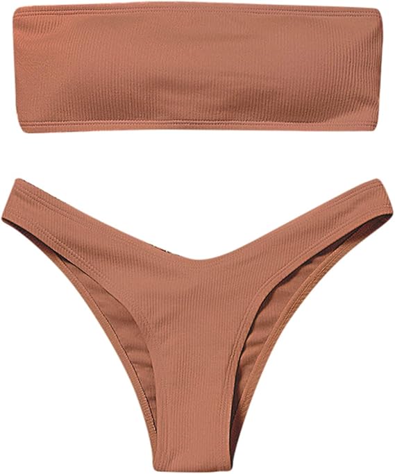 Women's Summer Bathing Suit 2 Piece Bandeau Bikini Strapless Tube Top with High Cut Bottom Swimsuit Set Sexy Swimwear