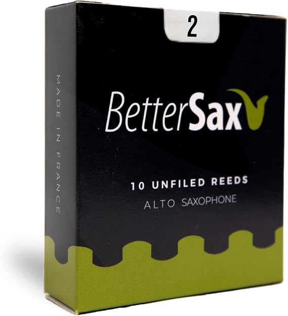 BetterSax Alto Saxophone Jazz Cut Reeds 2 Strength (10-Pack), Organic French Cane, Easy Response & Rich Tone, Ideal for Beginners & Jazz Musicians, Eco-Friendly, Plastic-Free Packaging