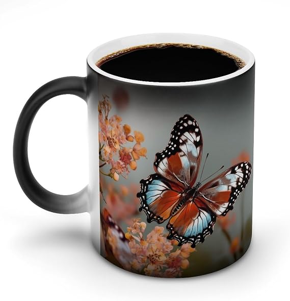 Color Changing Coffee Mug Butterfly Flowers Ceramic Mug Thermal Induction Discoloration Funny Coffee Mug Gifts Idea for Couple Funny Gifts