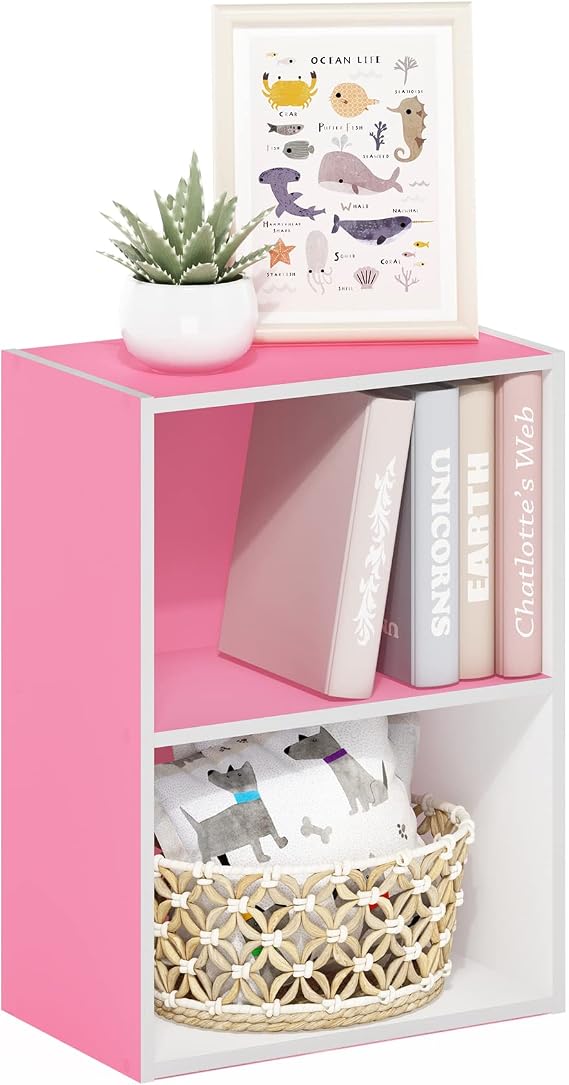 Furinno LUDER 2-Tier Book Shelf, Open Shelves Bookshelf, Pink/White