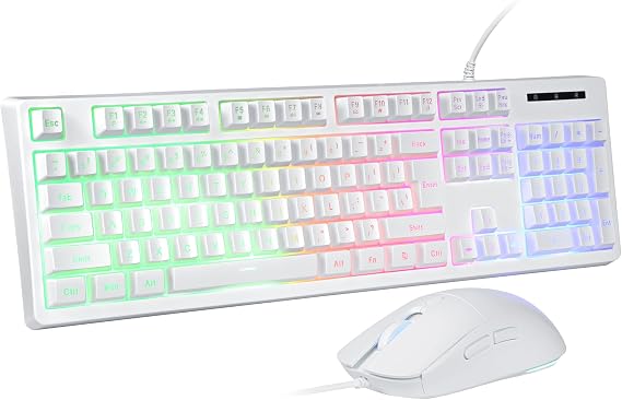 HUO JI Wired Gaming Keyboard and Mouse Combo, Rainbow LED Backlit, White