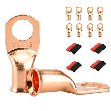 8 PCS Battery Terminal Connectors, 1/0 Gauge Battery Cable Ends Lugs | Wire Connectors, 1/0 AWG 1/2" Stud Ring Terminals, Copper Wire Lugs With 2:1 Heat Shrink Tubing