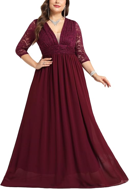 CYCLAMEN Plus Size Wedding Dress Lace Chiffon Deep V-Neck A-Line Long Sleeve Maxi Dresses Formal Evening Gown Cocktail, Dark Purple, 4X