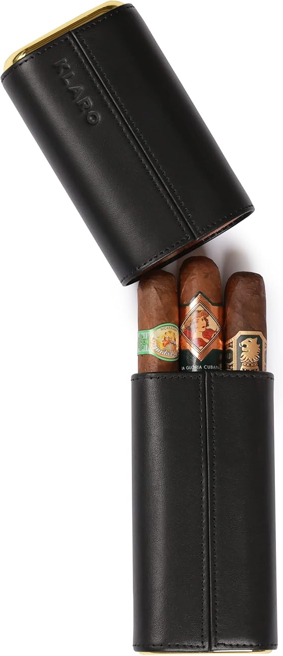 CASE ELEGANCE Premium 3 Cigar Protective Travel Case, Genuine Real Top Grain Black Leather, Cedar Lined with Gold Metal End Caps, Gift Ready Packaging, Portable Travel Box