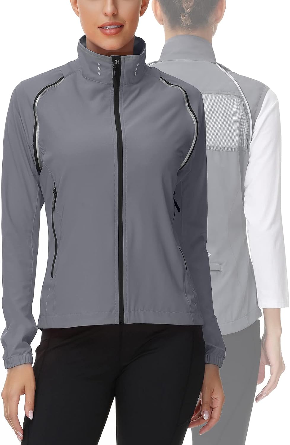 Womens Cycling Running Jacket Convertible Bike Vest,UPF 50 Windproof Windbreaker Reflective Lightweight Bicycle CoatCharcoal,Medium
