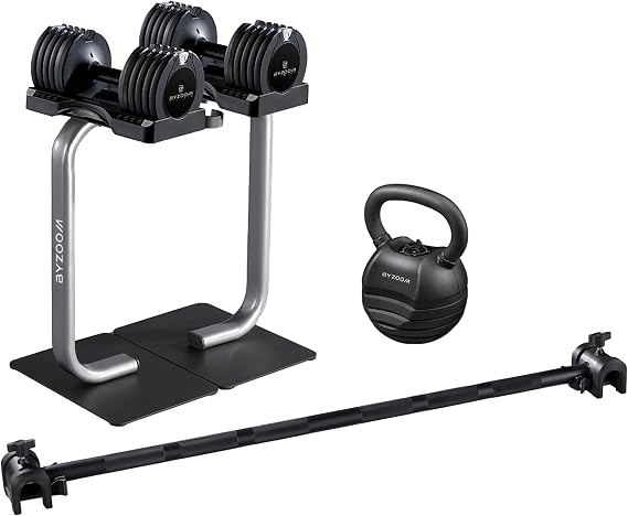 BYZOOM FITNESS 25lb Adjustable Dumbbells Easy Bar Dumbbell Stand Kettlebell Full Set
