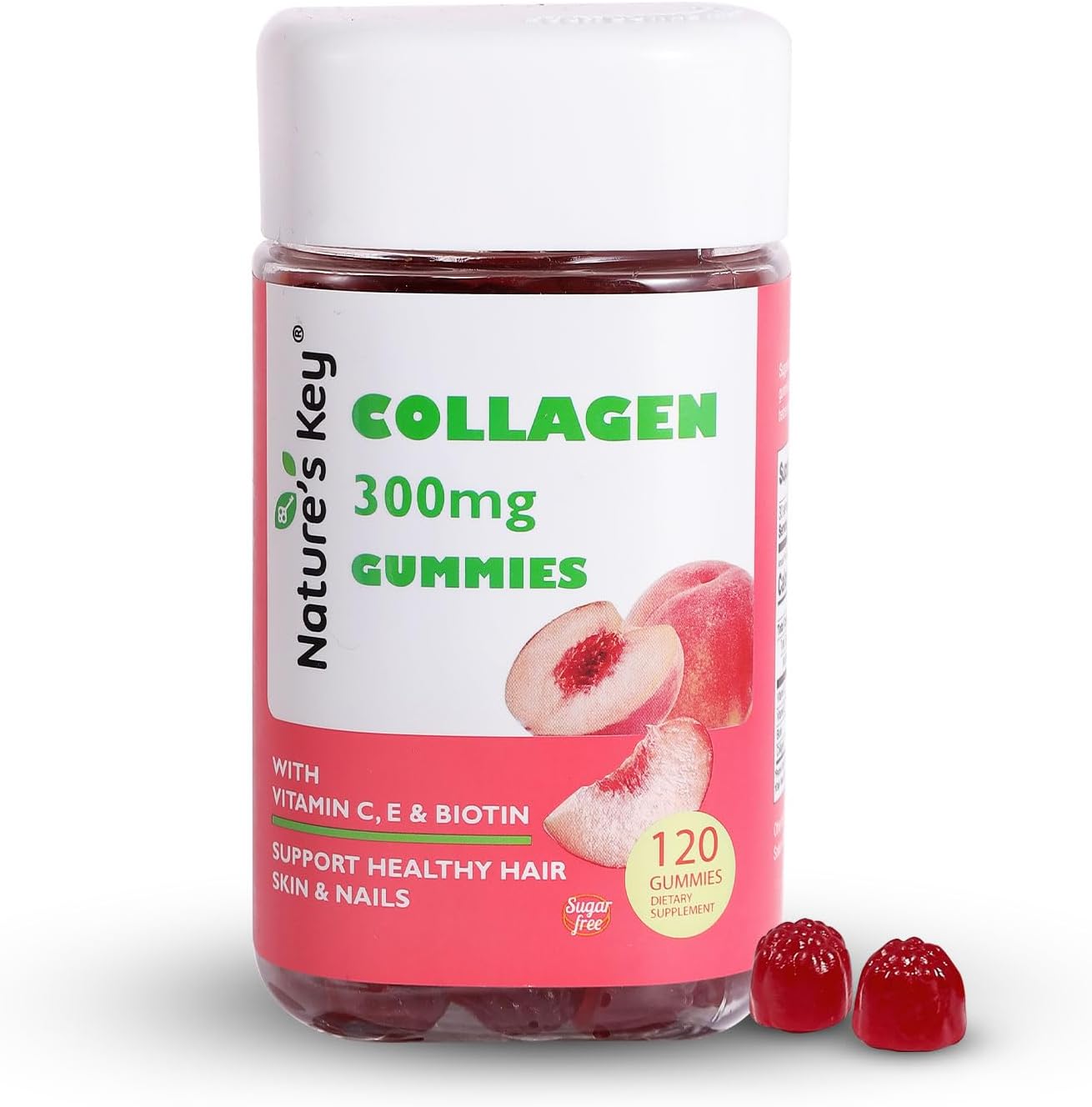 Natures Key 300mg Collagen Gummies Beauty Boost with Vitamin C & E, Biotin, Sugar Free Peach Flavor - 120 Count, Anti-Aging Support for Women and Men