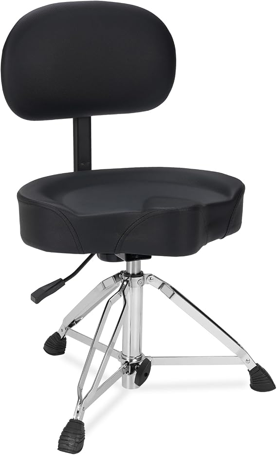RVONE Hydraulic Drum Throne with Backrest, Saddle Drum Stool, Black | Adjustable backrest, pneumatic height control, padded saddle seat, reinforced tripod provide stable support up to 440 lb.