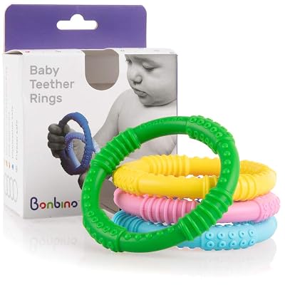 Bonbinoa Teether Rings - 4 Pack Silicone Sensory Teething Rings - Soothes Baby Gum Pain! Multicolor