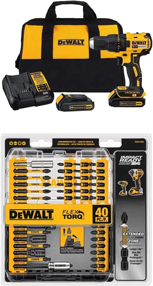 DEWALT DWA2T40IR IMPACT READY FlexTorq Screw Driving Set, 40-Piece and DEWALT DCD777C2 20V Max Lithium-Ion Brushless Compact Drill Driver