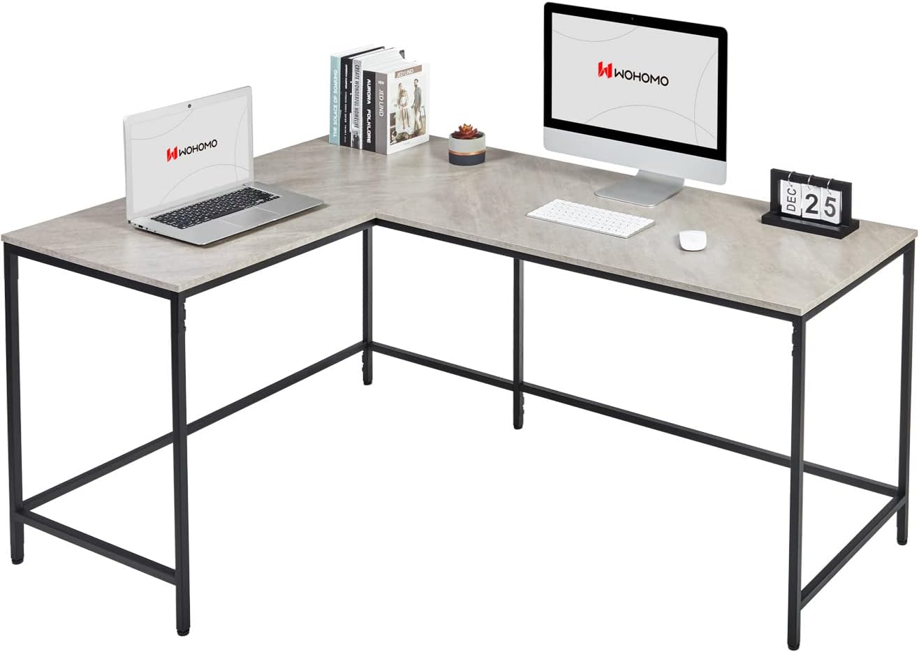 WOHOMO L Shaped Home Office Desk, Quick Lock Large Computer Corner Desk for Home Office Modern Simple Study Writing Table Desk Easy Assembly, Gray Marble