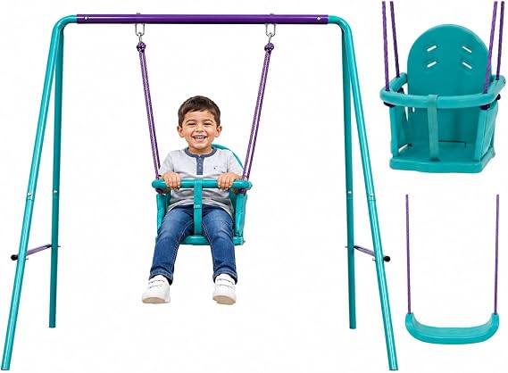 Plum 2 in 1 Toddler Swing Sets For Backyard, Baby Swing Outdoor/Indoor Playground, Bucket Swing Seat with Adjustable Rope and Safety Harnesss, Sturdy, Easy Assembly, Ages 12 Months and Up, Purple/Teal
