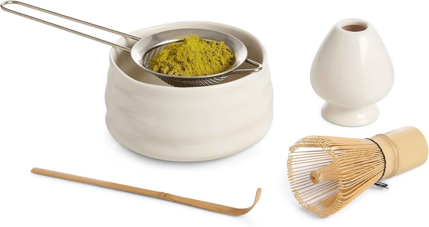 Helen’s Asian Kitchen Traditional Japanese Matcha Tea Gift Set – 5-Piece Ceremonial-Grade Kit with Bamboo Whisk, Handcrafted Bowl, Tea Sifter, Measuring Scoop, and Whisk Stand, Complete Serving Tools