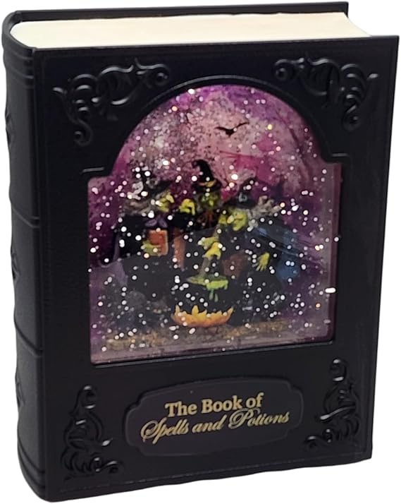 Battery Operated Lighted Spinning Water Globe Book of Spells and Potions Halloween Scene in Spinning Glitter 8.5 Inch