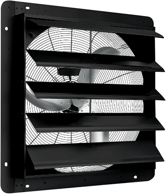 TEQIN 24-Inch Industrial Louvered Exhaust Fan, 150w 3837CFM Heavy-Duty Wall Mount Ventilation Fan with Auto Aluminum Shutters, for Workshop, Warehouse & Greenhouse, Black