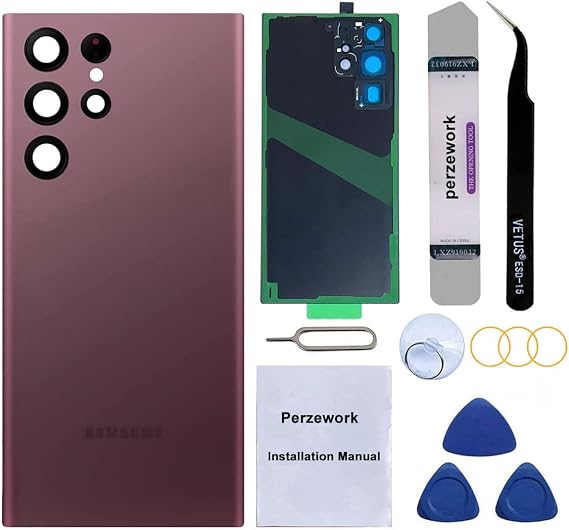 Rear Back Glass Replacement for Samsung Galaxy S22 Ultra 6.8 inches 5G with Reparing Toolkit and Pre-Installed Adhesive (Burgundy)