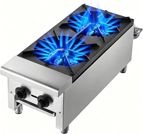 Commercial Countertop Gas Range, 2 Burners Propane and Countertop Natural Gas Range Stove, Stainless Steel Hot Plate, Commercial Cooking Equipment for Restaurant Kitchen, 56,000 BTU