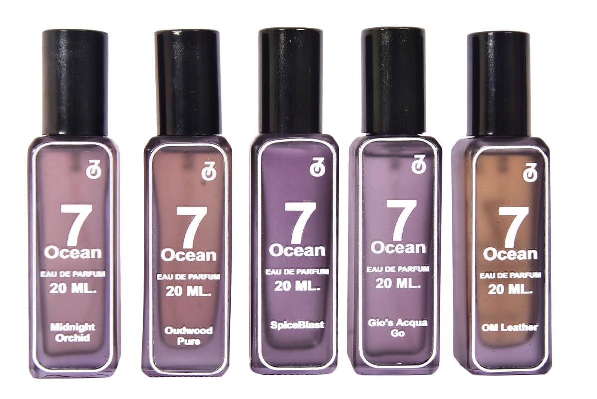 7Ocean Perfume Set for Men | Midnight Orchid Oudwood Pure Spice Blast Gio’s Acqua Go OM Leather | Fresh Long Lasting Fragrance | 5 x 20ML Bottles | Pocket Friendly Grooming Scent Combo