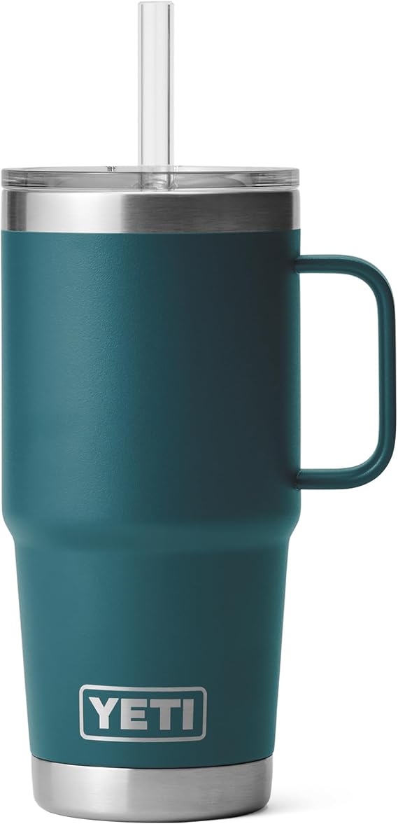 YETI Rambler 25 oz Tumbler with Handle and Straw Lid, Travel Mug Water Tumbler, Vacuum Insulated Cup with Handle, Stainless Steel, Agave Teal