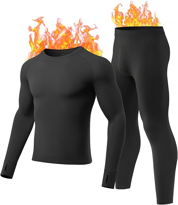 Mens Thermal Underwear Soft Fleece Lined Long Sleeve Tops Long Johns Thermal Base Layer Set Thermal Top and Bottom, Quick Drying