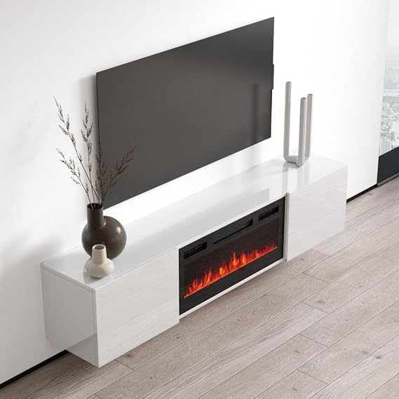 Meble Furniture Cali BL-EF Electric Fireplace TV Stand Wall Mounted Media Console with Storage Cabinets Modern High Gloss, 72 Inches White