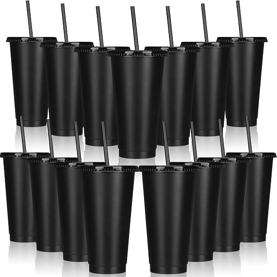 Bokon 15 Sets Tumbler with Straw and Lid Bulk 24 oz Reusable Plastic Cups to Go Iced Coffee Cups Travel Mug Cup Water Bottle Tumblers Bulk for Cold Hot Drinks Parties Birthdays (Black)