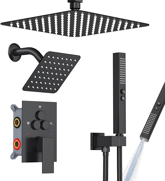 EMBATHER 3-IN-1 Black Push-Button Diverter Dual Shower Valve Kit