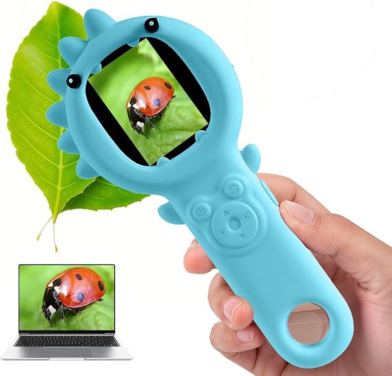 Kids Microscope, 500X Microscope for Kids, Dual Camera, Blue | Dinosaur design, 500X zoom, dual cameras and autofocus; rechargeable handheld microscope makes STEM discovery fun anywhere.