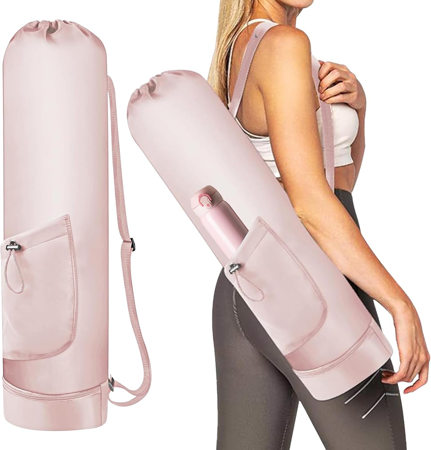 GALLIA Yoga Mat Bag with Adjustable Strap, Waterproof Yoga Mat Carrier with Multi-Functional Storage Pockets, Practical Yoga Bag for Women, Fits Gym Class Workout Travel Pink
