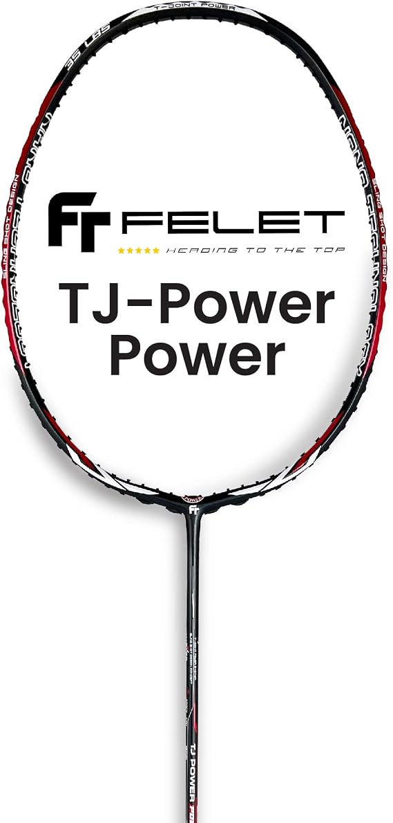 FELET TJ Power-Power (Black Red) T-Joint Badminton Racket, 4UG1 Max Tension 35lbs, Head Heavy Extra Powerful Smashes [Free String & Grip]