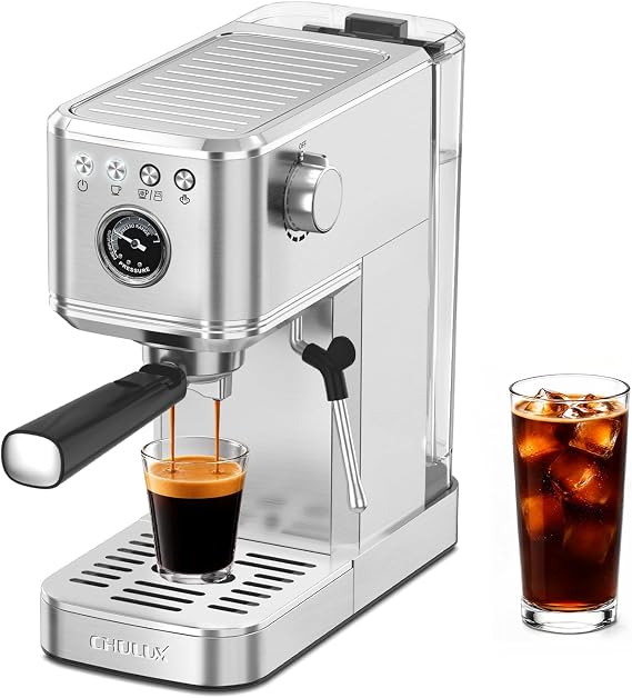 CHULUX Elite Espresso Machine for Latte, Americano and Iced Coffee, Silver | Hot and Iced Espresso, Visible Pressure Gauge, PID Temperature Control, Pre-Infusion Tech, Brushed Stainless Steel Finish