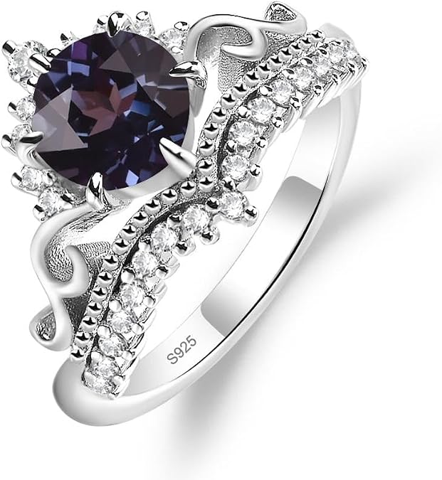 LUO 7MM Round Cut Princess Crown Tiara Gemstone Promise Ring For Her 925 Sterling Silver Birthstone Wedding Engagement Ring Size 3-13
