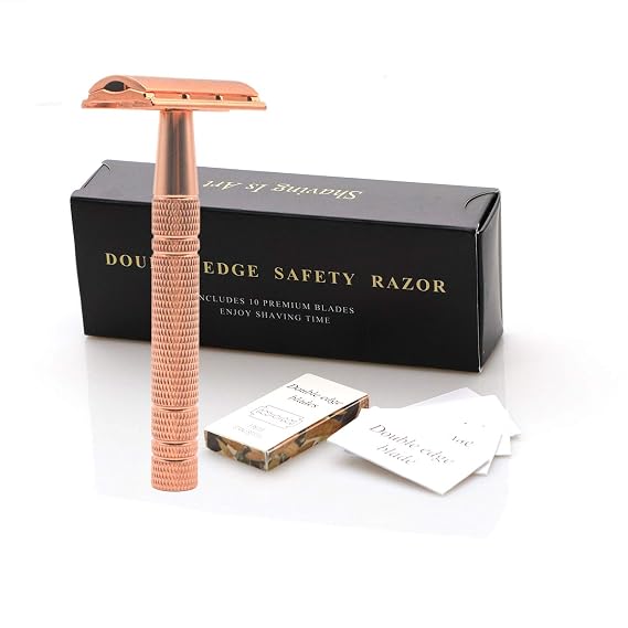 Double Edge Safety Razor For Men and Women with x10 Razor Blades, Classic One Single Blade Premium Razor Holder, Wet Shaving Metal Manual Shaver Fits Standard Double Edge Blade (Rose Gold)