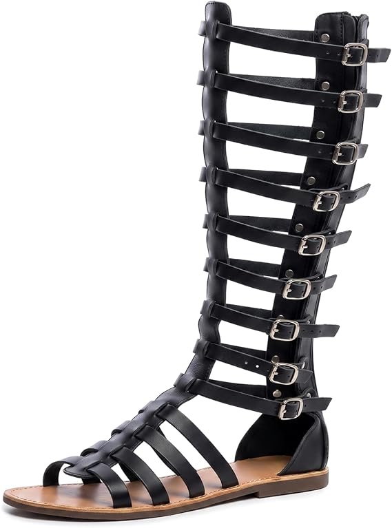Women Gladiator Sandal Summer Casual Black Knee High Roman Flats Buckle Ankle Strap Open Toe Breathable Sandals