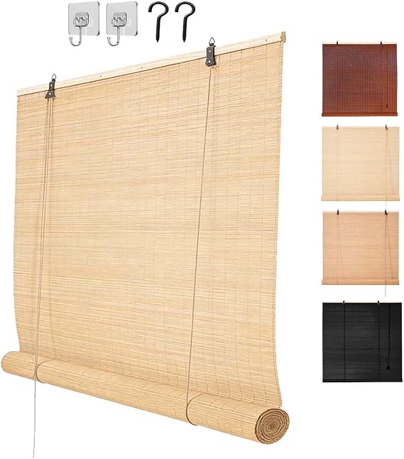 Bamboo Roll Up Shades for Outdoor Patio, Retro Bamboo Blinds for Interior Windows, Outside Waterproof Sun Shade Wide Porch Balcony Garden Light Wood 75x165cm