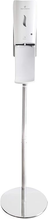Oasis Creations Universal Hand Sanitizer Soap Dispenser Stand Portable Metal Stand with White Soap Dispenser & Drip Tray Touchless Sanitizing Station Great for Public & High Traffic Areas
