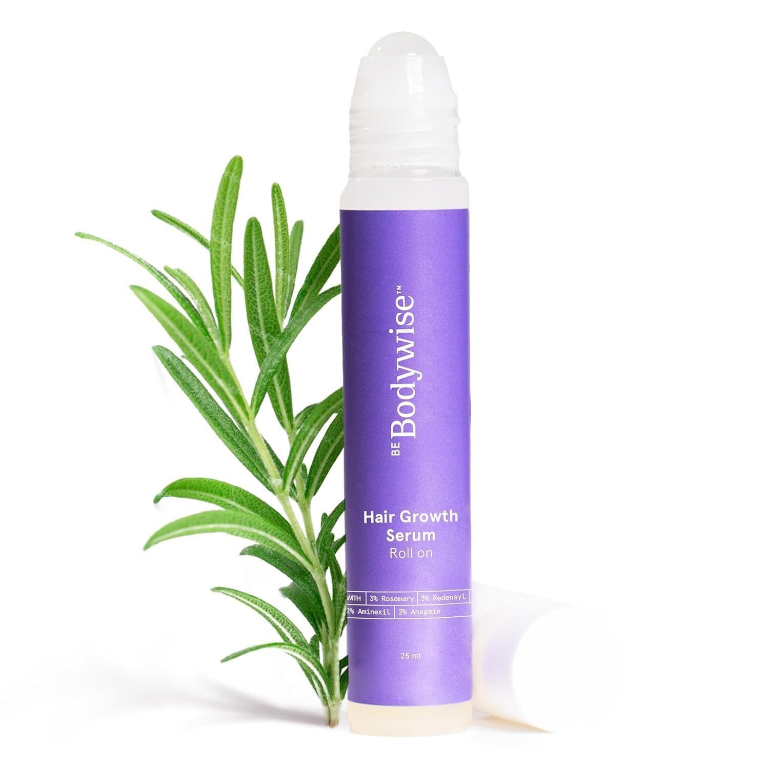 Be Bodywise Rosemary Hair Growth Serum Roll On | 3% Redensyl, 2% Aminexil & 2% Anagain | Thicker & Stronger Hair | Prevents Hair Fall & Stimulates Hair Follicles | For All Hair Types | 25ml