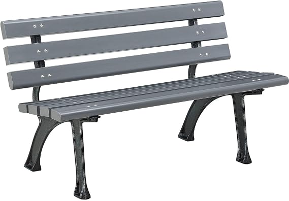 Global Industrial 4'L Outdoor Park Bench with Backrest, Recycled Plastic Slats, Wrought Iron Frame, 1100 lbs Capacity, Gray, Surface Mount, Easy Assembly